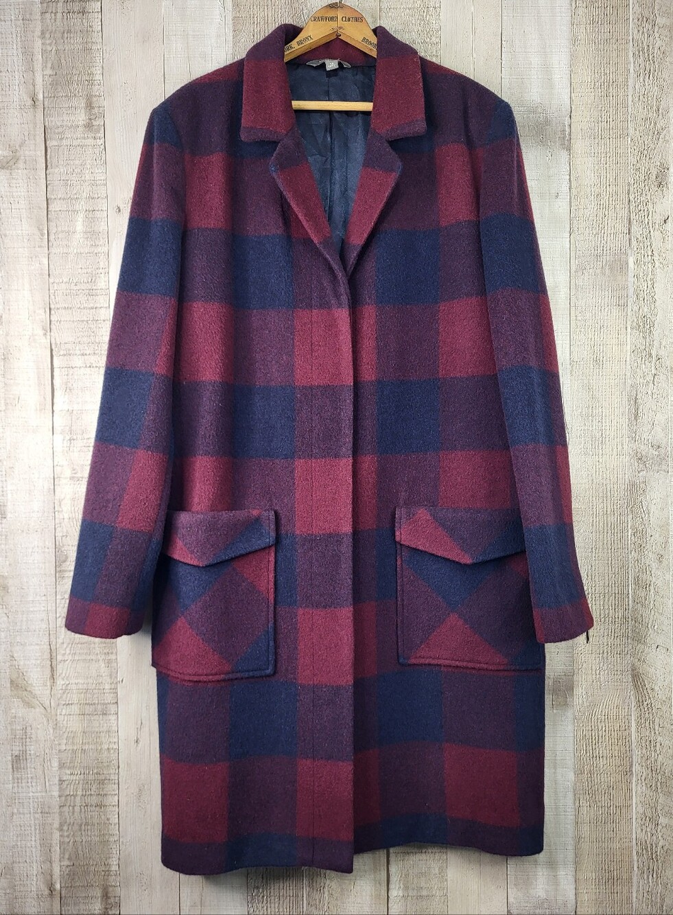 L.L Bean Women's Plaid Wool-Blend Coat in Burgundy and Navy. Size 14